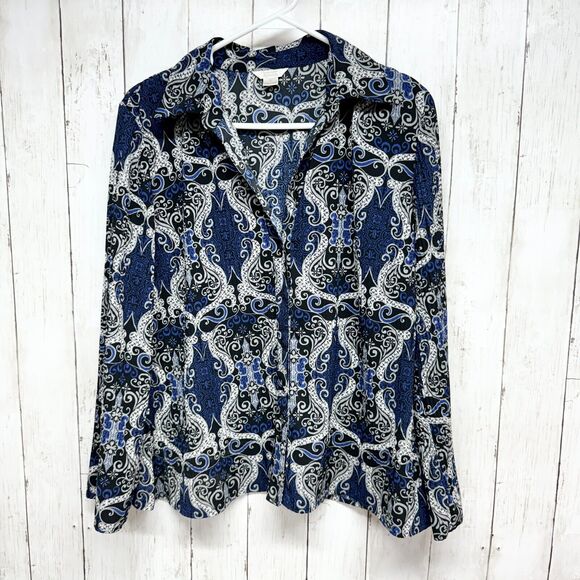 Christopher + Banks Shirt Women Size L Paisley Printed Button Down Blue Collar - Picture 1 of 5